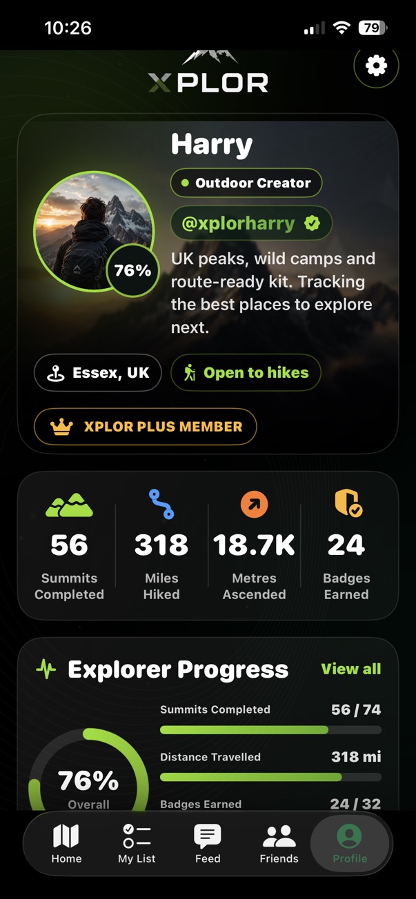 XPLOR explorer profile screen